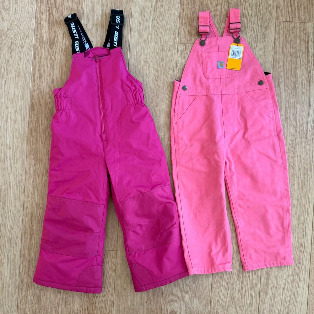 NWT Carhartt Overalls Kids 3T Pink Flannel Lined Canvas Gusti Sz 4 Snow Bibs